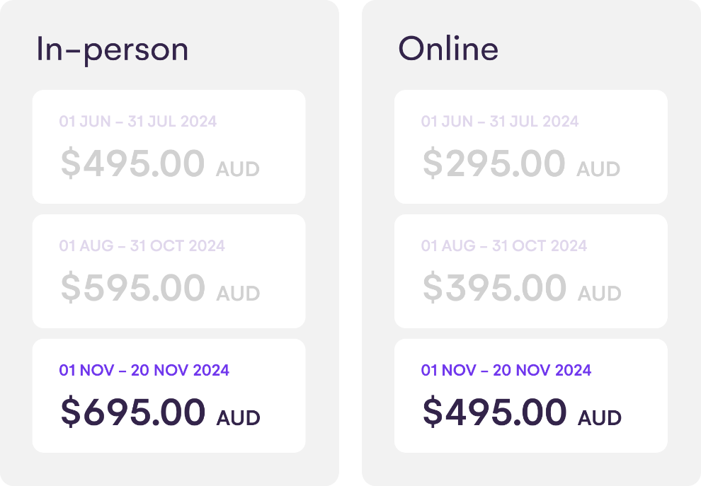 1 June - 30 July - $495.00 In-Person, $295.00 Online. 1 August - 31 October $595.00 In-Person, $395.00 Online. 1 November - 20 November $695.00 In-Person, $495.00 Online.