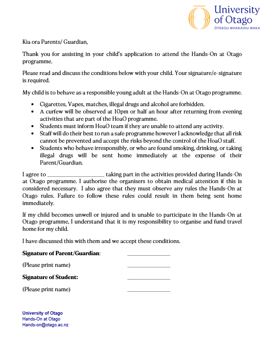 Hands-On at Otago-  Parental Consent Form