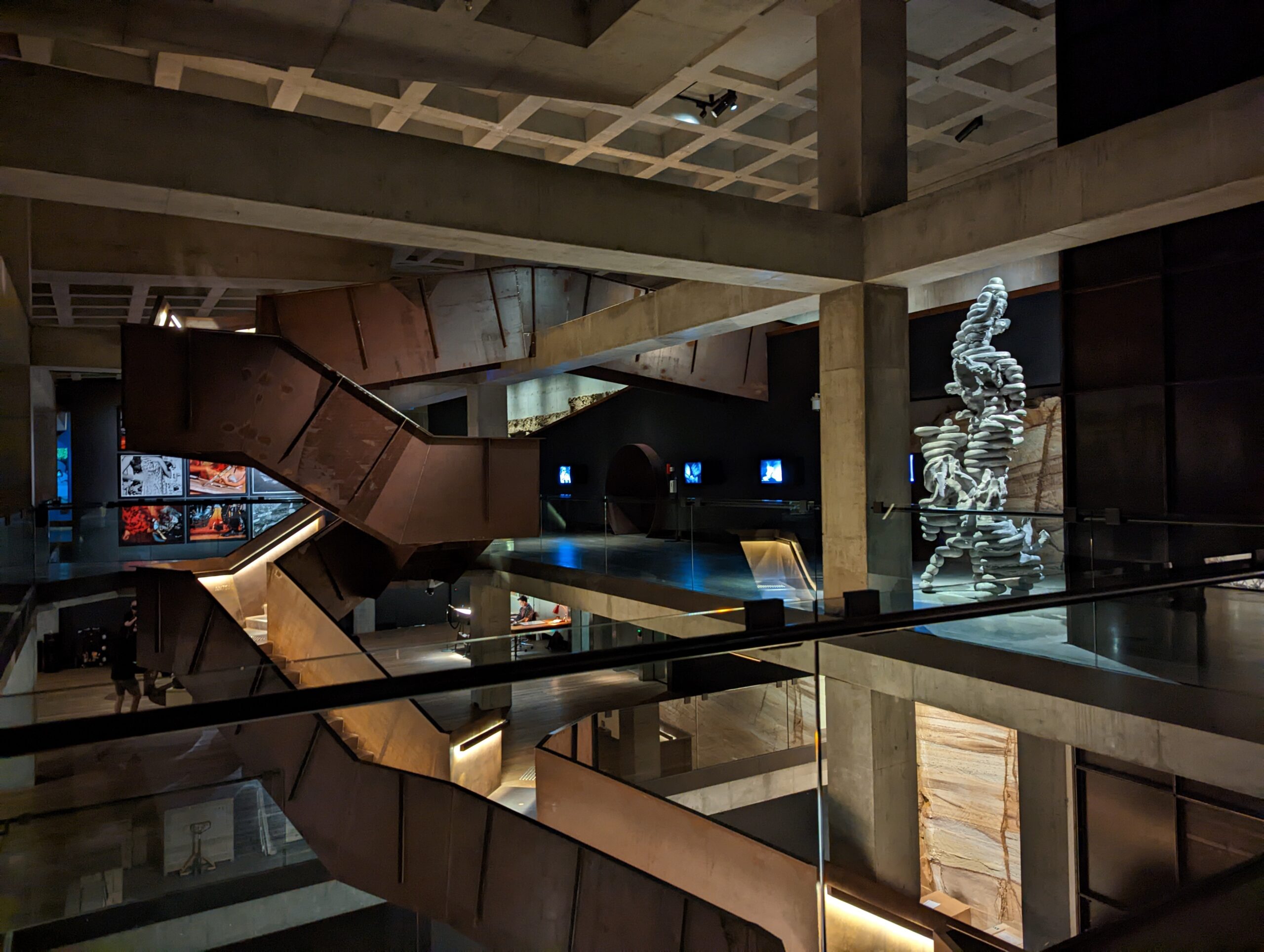 Interior of MONA, Museum of Old and New Art, with sculpture and gallery levels