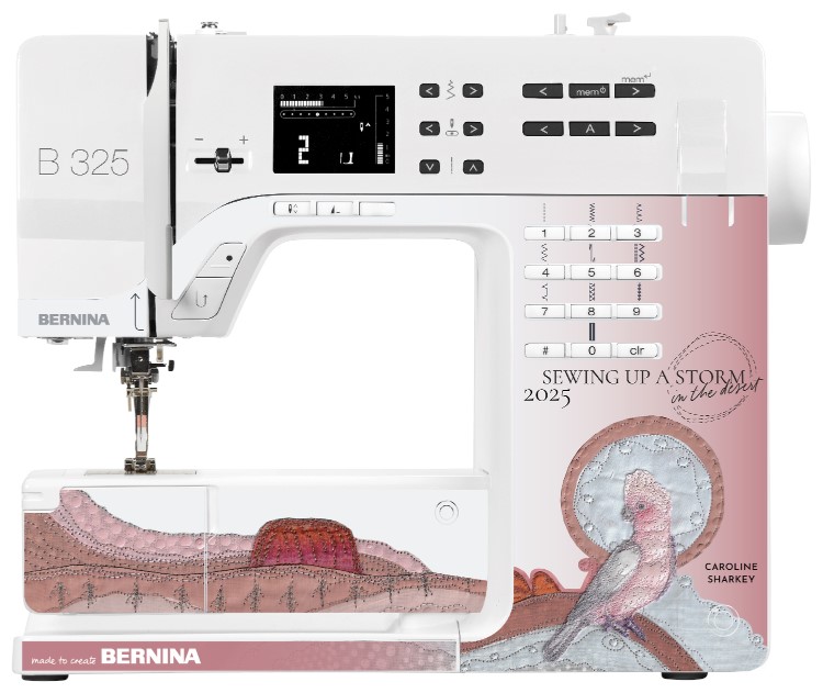 The Uluru 2025 BERNINA 325 machine with art skin has been especially designed from a Caroline Sharkey Textile Artwork for this retreat and will be the envy at all your sewing groups. 