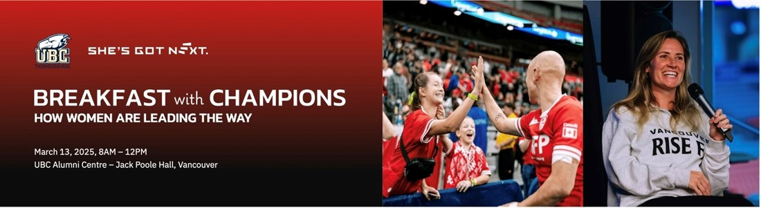 Banner with Event information, also displaying a female rugby athlete high-fiving a child, and another female athlete addressing the crowd from the podium.