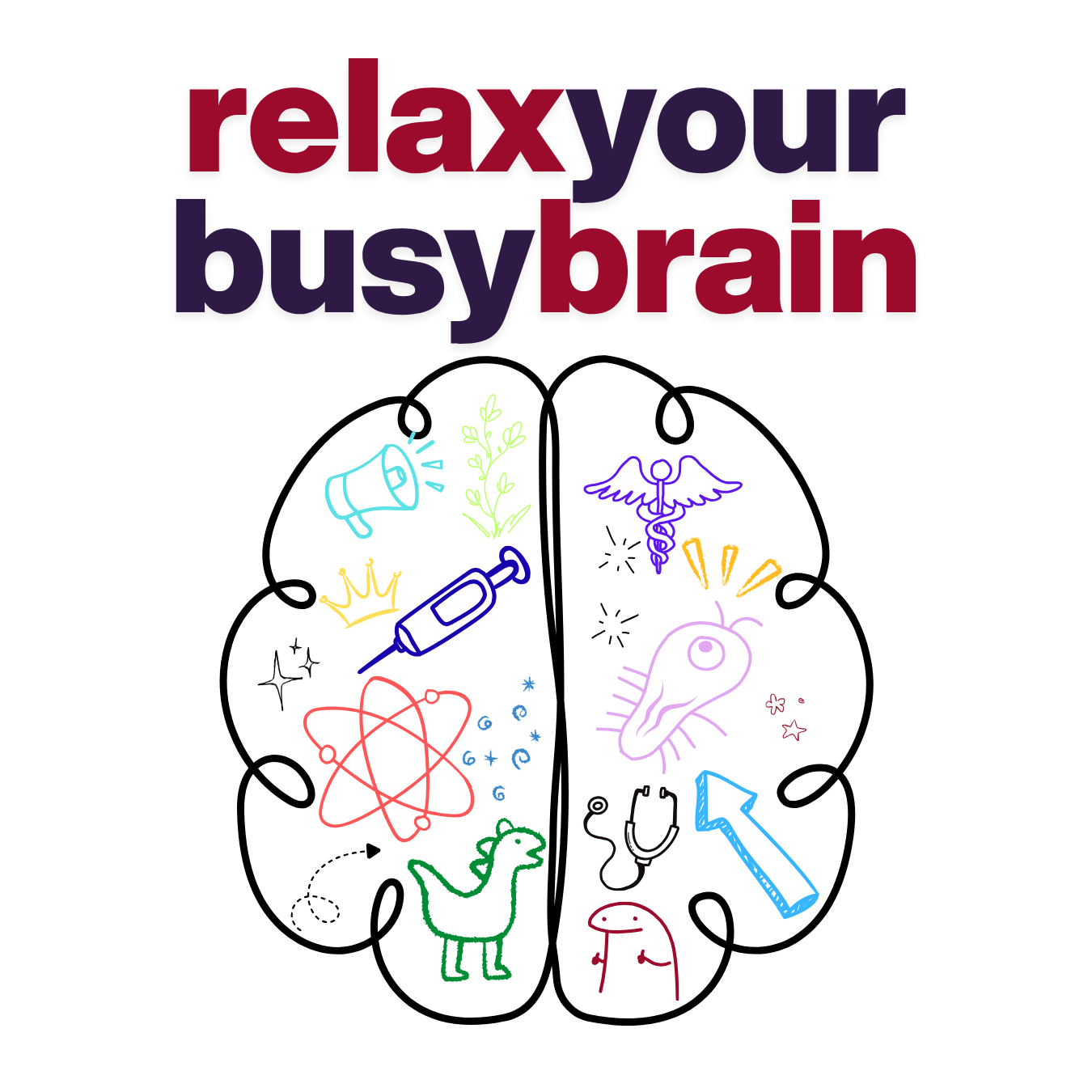 Relax your busy brain - a brain with doodled images