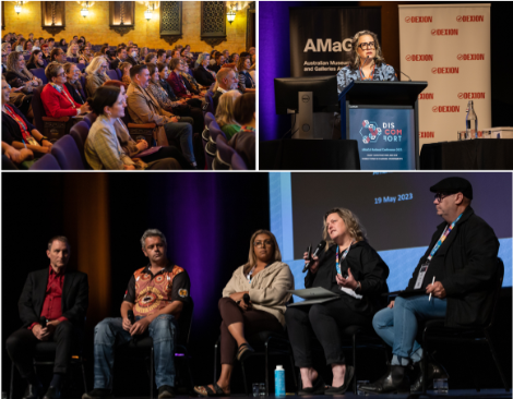 Collage of images featuring people engaged in discussions and presentations at a conference.