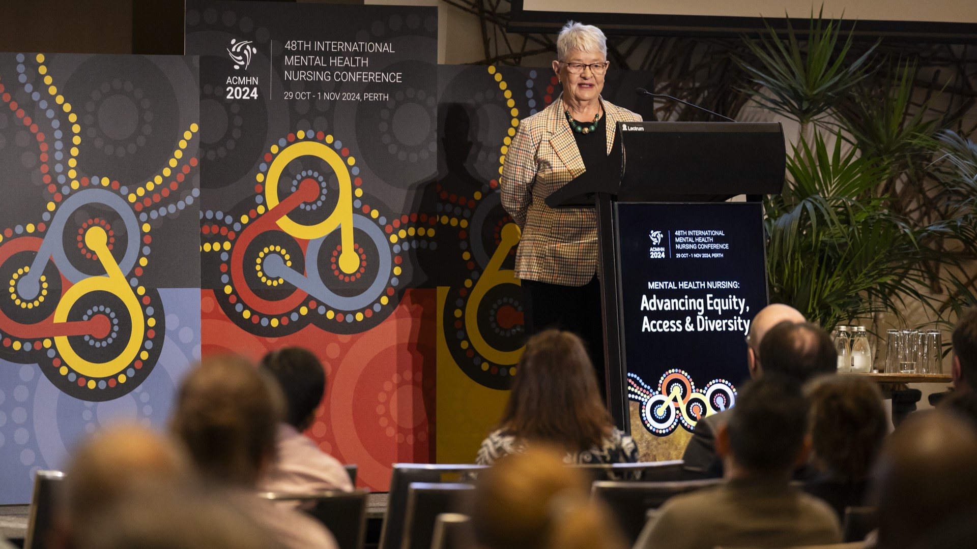 Distinguished Professor Kim Usher AM speaking at a podium.