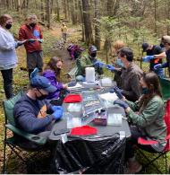 A group of people sitting at a table in the woods  Description automatically generated