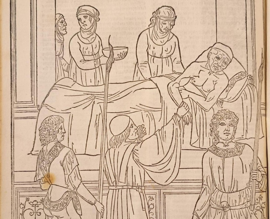 A physician takes the pulse of a plague patient, while his attendants carry long fumigation torches. From Johannes de Ketham’s Fasciculus medicinae (1495) RCS LIBRARY / SR / INCUN 2(2)