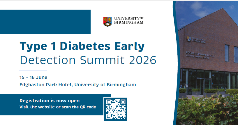 Image of a flyer advertising the Type 1 Diabetes Early Detection Summit 2026, dates 15-16 June 2026, includes a QR code directing to the Registration page of the 2026 website.